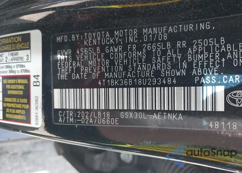 2008 Toyota Avalon Limited/Touring/Xl/Xls from USA, damaged, VIN 4T1BK36B18U293484